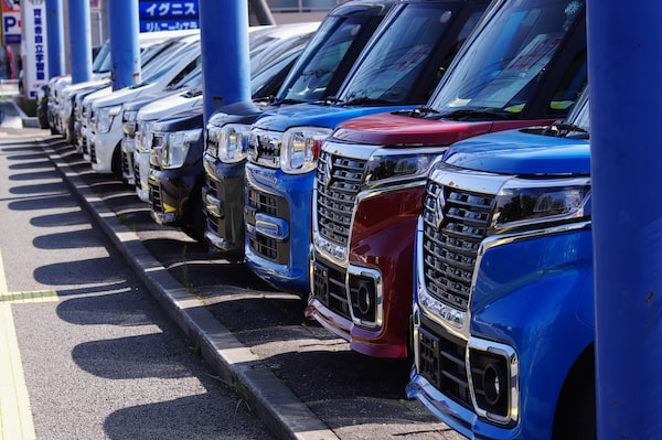 A row of differently colored trucks are parked in a line at a car dealership